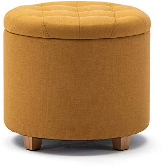 HNNHOME Sitzhocker mit Stauraum, Sitz rund mit Deckel, Sitztruhe, Fußbank Truhen Aufbewahrungsbox, Leinen, 44 L, 45 x 45 x 41 cm, Gelb