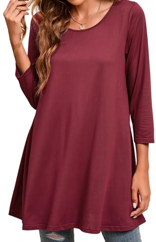 Enmain Dam vardaglig tunika topp 3/4 långärmad långärmad blus damer swing tunika topp lös blus t-shirt rund hals stretch bekväm semester, Vinröd, 3XL