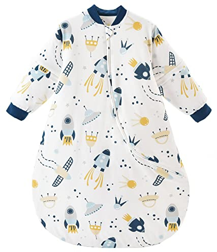 Chilsuessy Baby Schlafsack Winter mit abnembar Langarm Bio Baumwolle Babyschlafsack Kleine Kinder Ganzjahres Schalfsack Schlafanzug für Jungen und Mädchen, Raumschiff/2.5 Tog, 90-110 cm