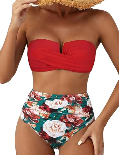 Hilor Cheeky High Waisted Bikinis for Women Padded Push Up Swimsuit Retro Strapless 2 Piece Bathing Suits Red&White Flowers 14
