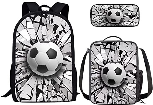 Binienty Rucksack für Jungen und Mädchen, modisches Büchertaschen-Set mit Lunchtasche und Federmäppchen für Grundschul, Kindertaschen, Reise-Rucksack, Fussball 7, Einheitsgröße