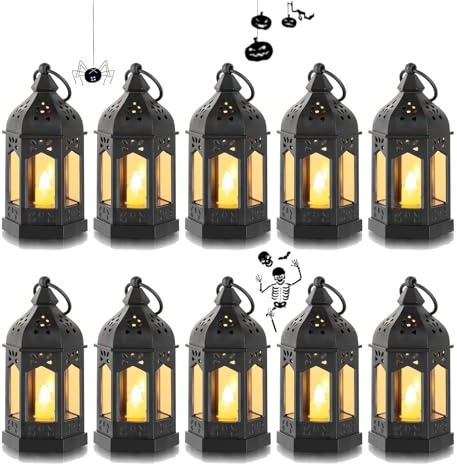 Romadedi Mini Lanterne LED Exterieur - Lot de 10 Lanterne Bougie Noir Decorative Bougeoir pour Halloween, Ramadan, Mariage, Noel, Decoration de Table, Piles Incluses