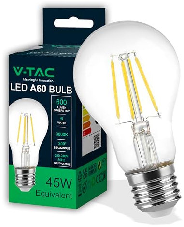V-TAC Lampadina LED a Filamento con Attacco E27 6W (Equivalenti a 45W) A60-600 Lumen - Lampadine LED Massima Efficienza e Risparmio Energetico - 3000K Luce Bianca Calda, VT-1887