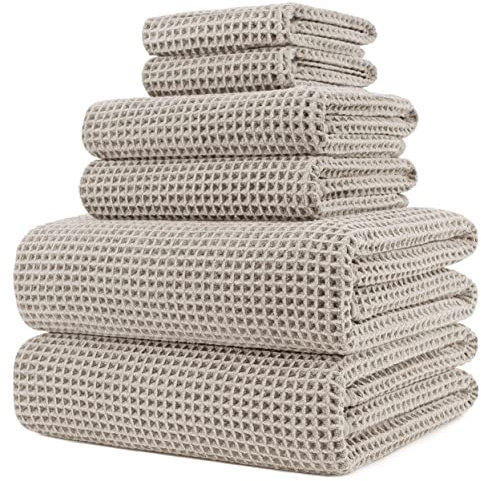 Polyte - Handtuch-Set - schnelltrocknende & fusselfreie Mikrofaser - Waffelstruktur - sehr groß - Beige - 152 x 76,2 cm - 6-teilig
