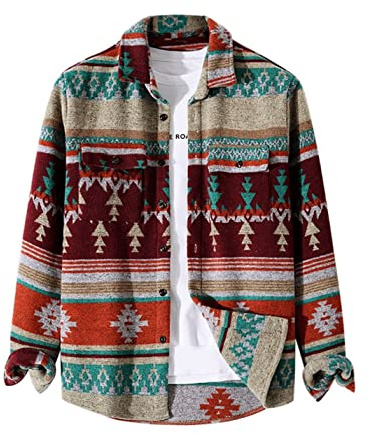 FindThy Herrskjortor i borstad flanell, etniskt aztektryck, knappar, tribal-skjorta, jacka, skjortjacka, XL