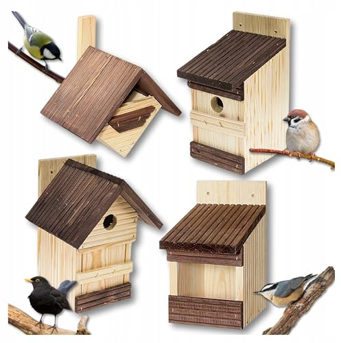 MAZUR 4X Vogelfutterhaus aus Holz Mix | Nistkasten | Vogelfutterspender | Vogelfutterstation | Vogelhaus | Vogelhäuschen | Wetterfest | Kleinvögel, Gartenvögel, Singvögel, Wildvögel