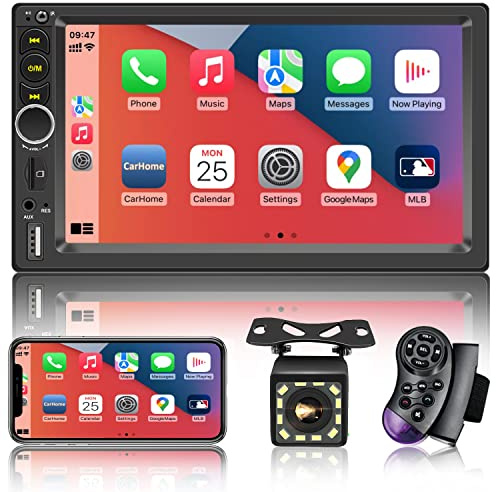 7'' Double Din Car Stereo Build-in Apple Carplay,Bluetooth 5.1 Hand-Free Calling,Touchscreen Car Radio FM,GPS Navigation,Night Vison Backup Camera,USB/TF/Subwoorf/240 watts