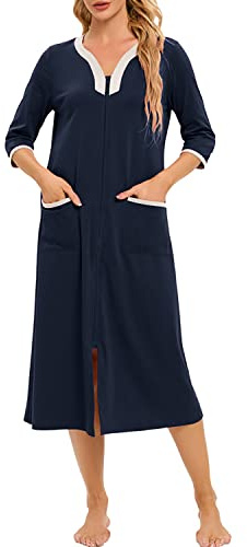 Verve Jelly Robes pour femmes avec fermeture éclair à manches 3/4 - Peignoir léger avec imprimé floral et poches - Vêtements de détente pour dames, bleu, XXL