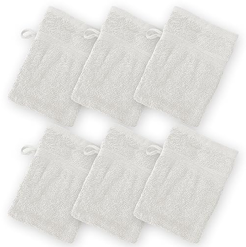 Homewear High Rise Stripe 6 Pack 6 x 8.5 Wash Mitt Set, Low Twist, Highly Absorbent, Gentle Hand and Face Cloth, European Style with Loop, White