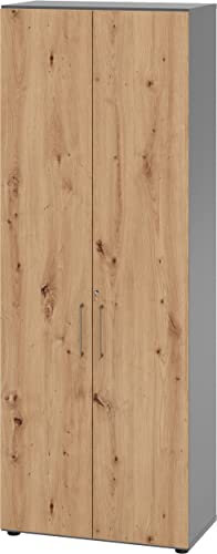 bümö Aktenschrank abschließbar, Büroschrank Holz 80cm breit in Graphit/Asteiche - abschließbarer Schrank mit Aktenregal für's Büro & Arbeitszimmer, Büro Möbel Ordnerschrank mit Schloss