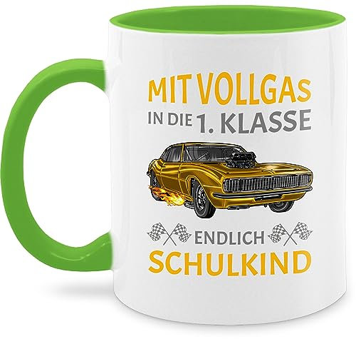 Tasse Tassen 325ml - Einschulung Geschenk Schulanfang - Mit Vollgas in die 1. Klasse Endlich Schulkind - Auto Rennauto - 325 ml - Hellgrün - zur mädchen einschultasse schulanfangsgeschenke keramik