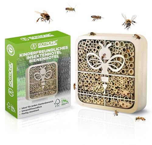 ISOTRONIC Insect Hotel made of natural wood – Insect house for bees, ladybugs & other insects – Bamboo bee hotel for garden & balcony – modern honeycomb design (bee)