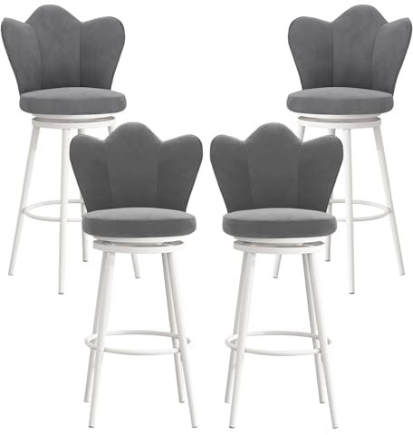 Lsoiup Samt-Barhocker in Thekenhöhe, 4er-Set, gepolsterte Barhocker mit gepolsterter Rückenlehne, Moderne Barstühle mit weißem Metallgestell für die Kücheninsel Grau