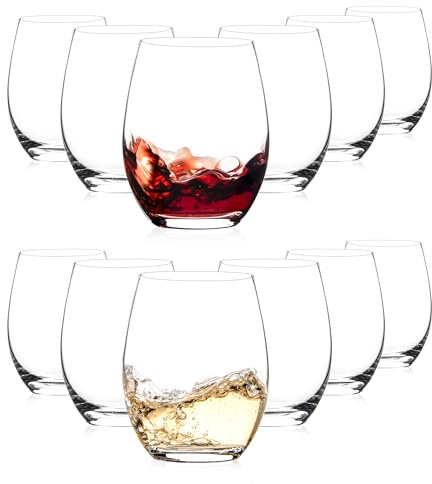 SHYRC Stemless Wine Glasses, 15 oz Stemless Glasses Set of 12 for Red or White Wine, Stemless Glassware, No Stem Wine Glasses, Drinking Glasses, Clear
