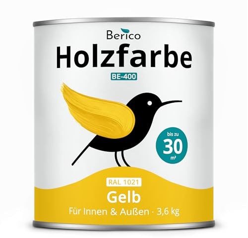 Berico Holzfarbe 3,6 Kg - 4in1 Premium Holzlack - RAL 1021 Gelb | Robuster Holz- & Wetterschutz inkl. Grundierung, für Innen & Außen, schnelle Trocknung, hohe Deckkraft