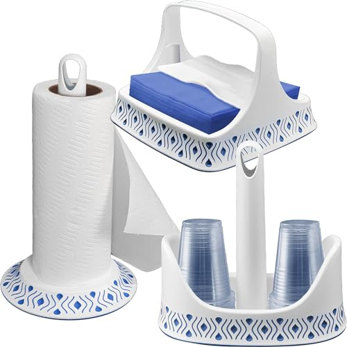 Sicignano | Set Portarotolo Portatovaglioli Portabicchieri, Linea Tosca, Plastica BPA Free - Facile da Spostare, Lavabile in Lavastoviglie, Elegante - 100% Made in Italy (Bianco/Blu)