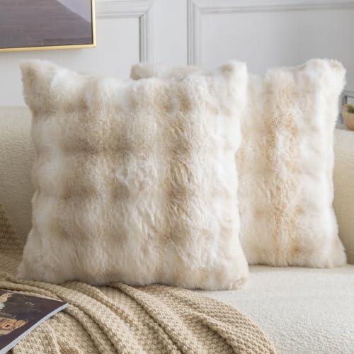 MADIZZ Pack of 2 Thick Plush Faux Wool Throw Pillow Covers Soft Boho Throw Pillows Luxurious Cushion Covers for Couch Sofa Bedroom Living Room Home Decor 18x18 Inch White Beige