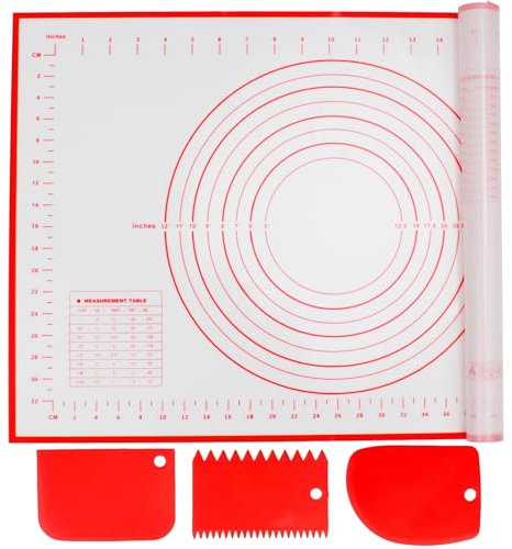 Alyvisun Spianatoia per Impastare Silicone, 60 x 40 cm Tappetini Stendipasta Antiscivolo Tappetino Silicone Riutilizzabile Cucina Accessori Per Biscotti, Impasti, Pizza (Rosso + 3 Raschietti)