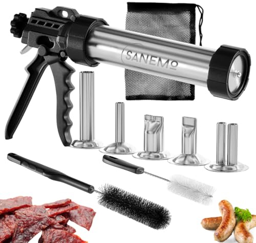 SANEMO Jerky Gun mit großer Kapazität für Hackfleisch – einfach zu bedienen/zu reinigen, 0,7 kg Wurstpistole & Rindfleisch Jerky Maker Kit mit 5 Edelstahldüsen, 2 Reinigungsbürsten und 1 Netztasche