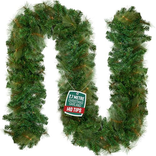 GloBrite Pine Christmas Garland 2.7m w/ 280 Tips - Plain Green - Realistic Cedar Pine, Indoor & Outdoor, Flexible & Adjustable, PVC Tips for Fullness - For Fireplace & Staircase Christmas Decorations