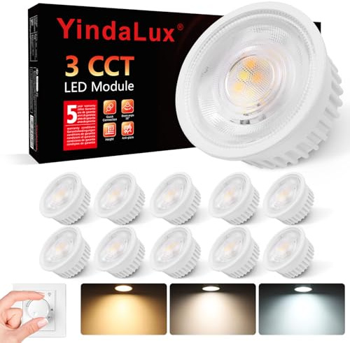 YindaLux 10er Set 3CCT LED Modul 230V, 4.9W 500LM Ø50*23mm für Aufbauspot | Ultra Flach, 3000K/4000K/6000K Dimmbar, Ersetzt GU10 MR16 Leuchtmittel, IP44 Wasserdicht für Einbaustrahler