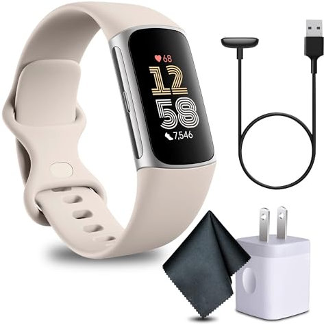 Fitbit Charge 6 Fitness Tracker Smartwatch Bundle mit Reinigungstuch und Ladegerät (Porzellan/Silber)