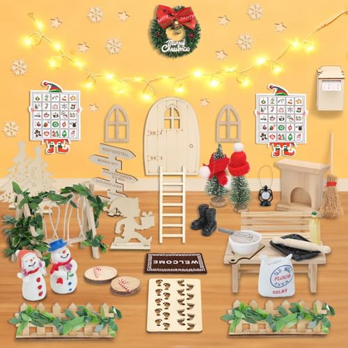 EIKEJI Wichteltür Set, 85 Stück Wichtel Zubehör Weihnachten, Wichtelhaus Baustelle, Elfentür Wichteltür Weihnachtswichtel Komplettset mit Backenset, Adventskalender, Licht für DIY Geschenk