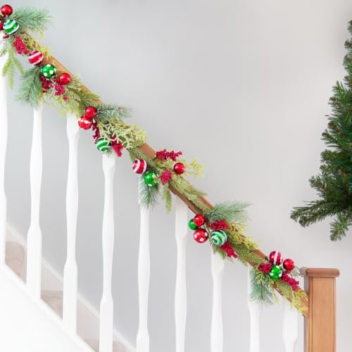 Festive Lights 1.5m Traditional Green Foliage Red Berries with Baubles Artificial Indoor Christmas Garland Decoration