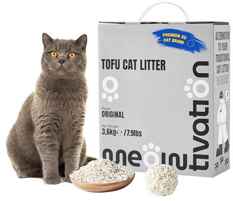 Litière pour Chat au Tofu - Agglomérante, d’Origine Végétale avec Cosses de Pois, 99% sans Poussière, Contrôle Optimal des Odeurs, Jetable dans Toilettes, Parfum Original, 1 x 3,6 kg