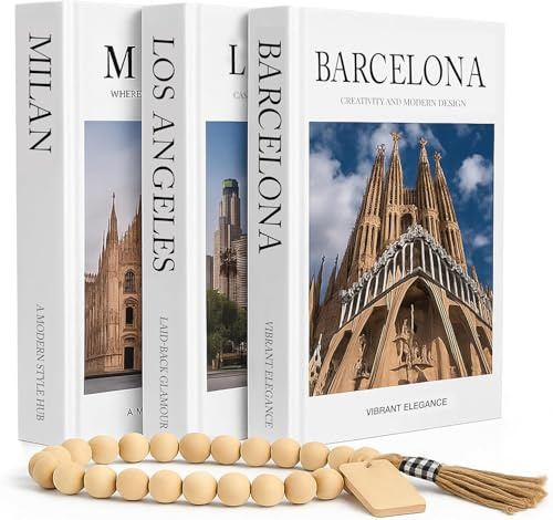 Helba Decorative Coffee Table Book Set – 3 Neutral Hardcover Books with Blank Pages for Home Styling – Travel-Inspired Display Featuring Barcelona, Milan & Los Angeles