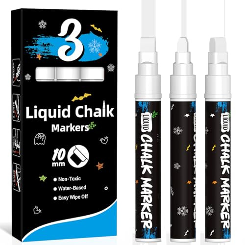 DAPAWIN 3 Jumbo White Chalk Markers (10mm) - Washable & Erasable Liquid Chalk Markers Pens for Car Windows, Glass, Chalkboard, Mirror, Signs for Non-Porous Surfaces, Just Married Car Decorations