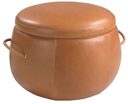 ÁNGEL CERDÁ - Kamelfarbener Runder Sitzpouf aus Leder mit Stauraum - Pouf mit Stauraum und Geflochtenen Ledergriffen - Modernes und Elegantes Design - Ø 63 x 47 cm