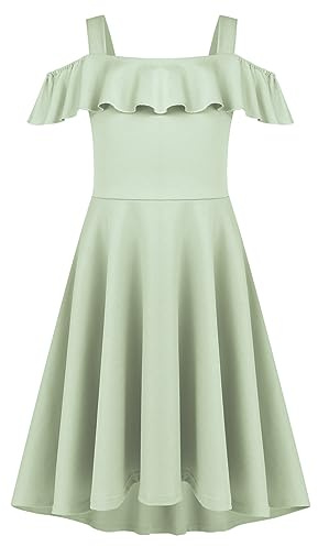Arshiner Robe d'été pour Filles - Verte Clair - 11-12 Ans - Trapèze - Col Volant - Sans Manche - Longueur du Genou - Casual - Décontracté