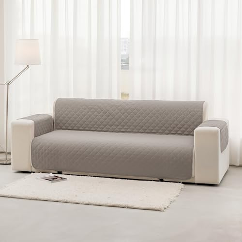 Homebliss Housse Canapé 3 Places 170cm Impermeable, Protege Canape Griffe Chat avec Accoudoirs, Couvre Canapé Universelle Réversible, Gris Clair