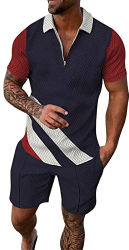 Herren-Trainingsanzug-Set, elastisch, 2-teilig, Sommer, Hawaii-Druck, Set, Knöpfe, Reverskragen, Reißverschluss, Sport, Trainingsanzug 2025, Z02 - Rot, Large