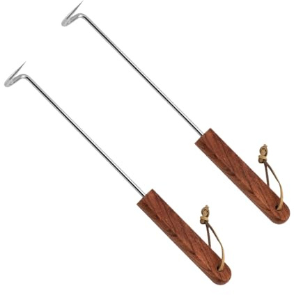 2 Pack Meat Hook Flipper, Stainless Steel Pigtail Food Flipper Turner with Wooden Handle, Grill Meat Hook Turning Tool, BBQ Accessories