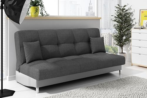 LIKMA Ausziehbar 3 Sitzer Sofa Togo Grau + Hellgrau Kunstleder 195x91x85 cm Schlaffunktion Bettzeugbehälter 2 Kissen Sofa mit Bettfunktion Gesteppte Schlafsofa ohne Armlehnen