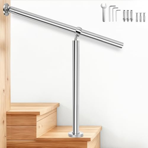 OUUTMEE 80 cm Rampe d’Escalier Réglable en Acier Inoxydable, Main Courante pour 1 à 2 Marches, Garde-Corps Intérieur et Extérieur, Rampe avec Kit d’Installation Solide