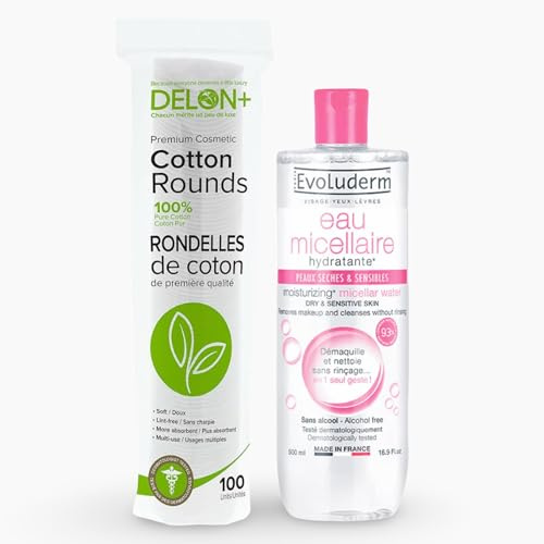 Moisturising Micellar Cleansing Water 500ml Set and Premium Cotton Rounds 100-Pack, Make-Up Remover Dry & Sensitive Skin, Cleanses without rinsing, Cotton Pads Super Absorbent, 100% Pure Cotton