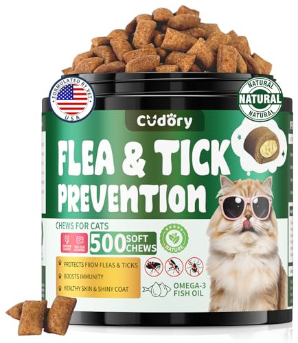 Flea and Tick Support for Cats – 500 Crunchy & Creamy Chews, Cat Flea Chewables with Skin & Coat Support – Oral Supplement for All Breeds & Ages – Natural Chicken Flavor
