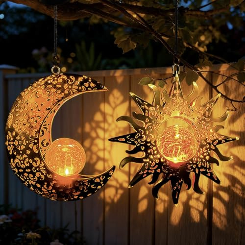 QCF Solar Hanging Sun and Moon Lights Garden Outside Decor,2 Pack Metal Lanterns Outdoor Sunflower Art Decorations for Porch Backyard Patio Wall Tree,Unique Gardening Gifts for Women Mom Grandma
