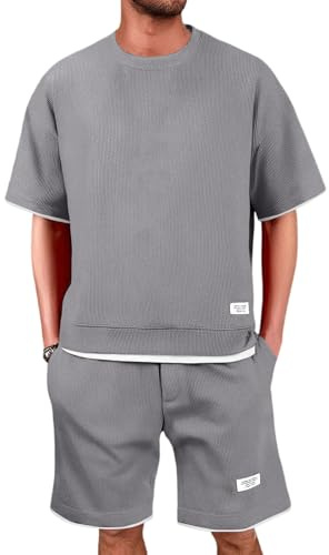 Vasreyy Strand Outfit Herren, Festival Herren Waffle Jogginganzug Trainingsanzug 2 Teiler Outfit Zweiteiler Fitness Kleidung Kurz Freizeitanzug Shorts Und Tshirt Set Sportanzug Sommeranzug (Gray,L)