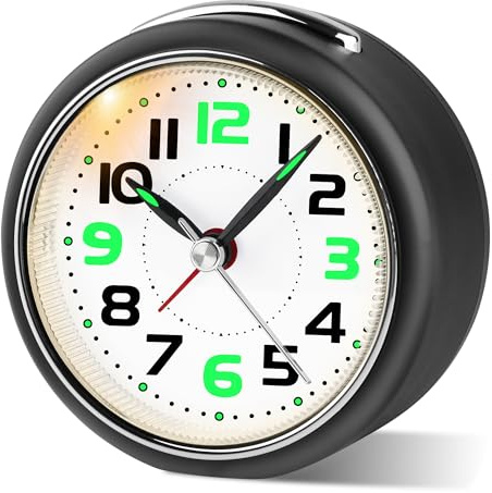 Juboos Sveglia da Comodino Piccola con Luce Notturna,Orologio Analogico Silenzioso,Sveglia da Viaggio con Allarme Graduale, per Camera, Ufficio (Nero)