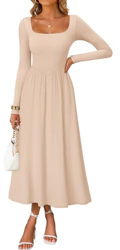 ZESICA Fall Long Sleeve Dress for Women 2026 Elegant Classy Church Wedding Guest Square Neck Flowy Party Midi Dresses Sand L