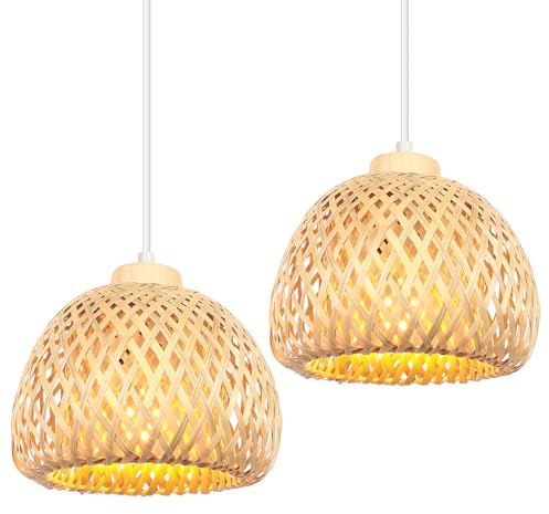 iDEGU Set di 2 lampadari a sospensione vintage in bambù e legno, 20 cm, in stile bohemien, E27, illuminazione decorativa, lampada a sospensione per camera da letto, soggiorno, cucina, sala da pranzo