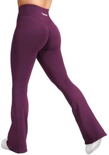 YEOREO Workout Mini Flare Leggings Damen Invisible Scrunch Schlaghose Push Up Sport Legging Hohe Taille Bootcut Nahtlose Fitness Leggings Gym Yoga Legging Schwarzkirsche S