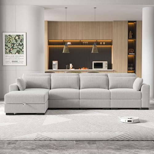 Sofa de 4 Plazas,Sofá Acolchado Sofas de Salon Cheslong Sofa Cama Chaise Longue Sofá Modular Suelo Sofás en Forma de L de Pana con Cojín Y otomano (Gris, 4 plazas+1 reposapiés)
