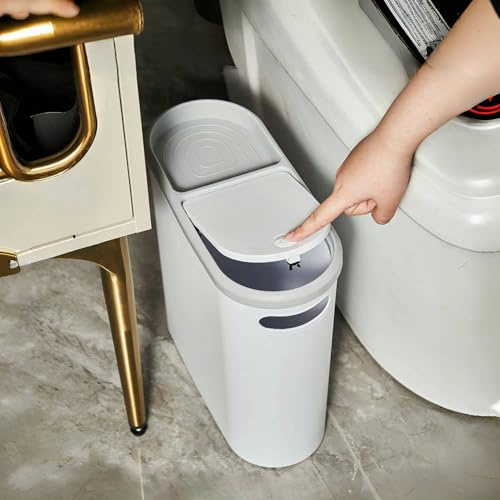 Narrow Slimline Waste Bin | 10L Compact Trash Can With Touch Top Lid & Handle | Slim Bathroom Bin | Slimline Kitchen Bins | Small Space Storage For Bathroom, Bedroom, Office