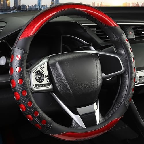 QCYP PU Leather Car Steering Wheel Cover with Anti-Slip Grip, for Women and Men, Universal Fit for 14.5-15 Inch Cars, Trucks, SUVs (Red (Round), Medium(Standard) Size[14 1/2''-15''])