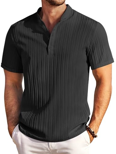 COOFANDY Camisa Henley de Verano para Hombre - Camisa Informal de Manga Corta con Cuello Alto Tejido con Textura para Playa y Verano | Ligero elástico, de secado rápido, cuello Henley, perfecto para vacaciones o ocio, ajuste regular